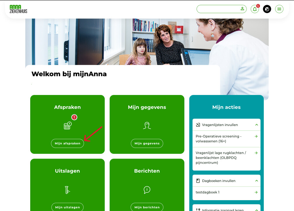 Screenshot van het cliëntenportaal mijnAnna met een pijl naar de knop 'Mijn afspraken'.
