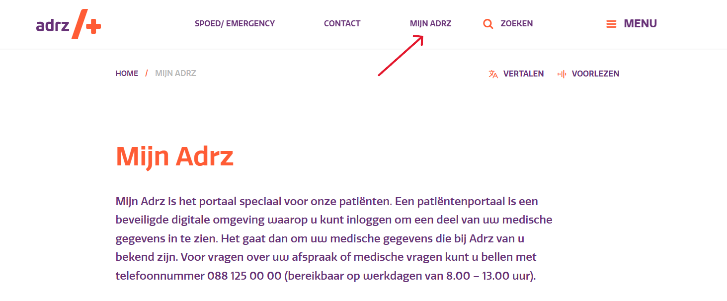 Website van Adrz met pijl naar ´Mijn Adrz´